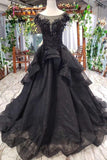 Kateprom Puffy Cap Sleeves Black Long Prom Dress with Appliques, Charming Beading Formal Dress KPP0988