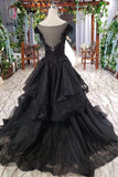 Kateprom Puffy Cap Sleeves Black Long Prom Dress with Appliques, Charming Beading Formal Dress KPP0988