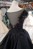 Kateprom Puffy Cap Sleeves Black Long Prom Dress with Appliques, Charming Beading Formal Dress KPP0988