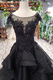 Kateprom Puffy Cap Sleeves Black Long Prom Dress with Appliques, Charming Beading Formal Dress KPP0988