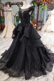 Kateprom Puffy Cap Sleeves Black Long Prom Dress with Appliques, Charming Beading Formal Dress KPP0988