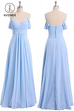 Kateprom Light Sky Blue Off Shoulder Spaghetti Strap Chiffon Dresses, Floor Length Formal Dress KPP0989