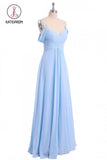 Kateprom Light Sky Blue Off Shoulder Spaghetti Strap Chiffon Dresses, Floor Length Formal Dress KPP0989