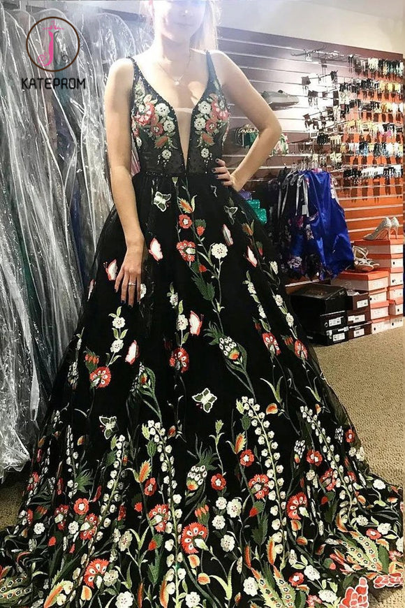 Kateprom Beautiful Deep V Neck Sleeveless Black Long Prom Dress with Flowers, Unique Formal Dress KPP0990