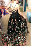 Kateprom Beautiful Deep V Neck Sleeveless Black Long Prom Dress with Flowers, Unique Formal Dress KPP0990