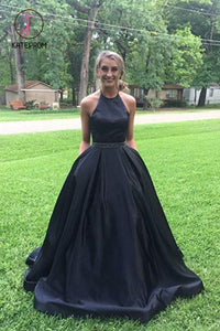 Kateprom Black Halter Satin Prom Dress with Beading, Long Evening Dress with Pockets KPP0994