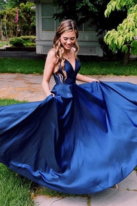 Kateprom Royal Blue Simple V Neck Satin Prom Dress, A Line Spaghetti Straps Long Evening Dress KPP0996