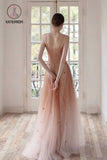 Kateprom Unique Spaghetti Straps V Neck Sleeveless Tulle Prom Dresses, A Line Party Dresses KPP0998