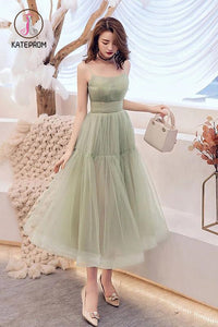 Kateprom Simple Green Tulle Spaghetti Strap Sleeveless Pleated Prom Dresses, A Line Party Dress KPP1001