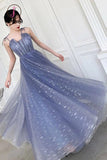 Kateprom Unique Sparkle Straps Floor Length Tulle Prom Dress, A Line Sleeveless Evening Dresses KPP1004