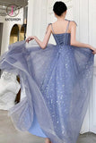 Kateprom Unique Sparkle Straps Floor Length Tulle Prom Dress, A Line Sleeveless Evening Dresses KPP1004