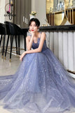 Kateprom Unique Sparkle Straps Floor Length Tulle Prom Dress, A Line Sleeveless Evening Dresses KPP1004