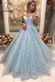 Kateprom New Arrival Light Blue Lace Puffy Off Shoulder Prom Dresses Formal Evening Dress KPP1009