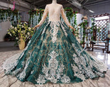 Kateprom Green Long Sleeves Ball Gown Lace Prom Dress with Appliques, Long Prom Gown KPP1015