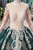 Kateprom Green Long Sleeves Ball Gown Lace Prom Dress with Appliques, Long Prom Gown KPP1015