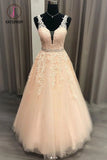 Kateprom Floor Length V Neck Sleeveless Tulle Prom Dress with Appliques, Puffy Quinceanera Dress KPP1018