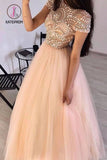 Kateprom Floor Length Round Neck Tulle Prom Dress with Beading, Short Sleeves Long Evening Dress KPP1019