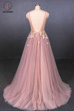 Kateprom Pink V Neck Sleeveless Tulle Prom Dress with Appliques, A Line Tulle Evening Dress KPP1092