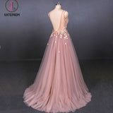 Kateprom Pink V Neck Sleeveless Tulle Prom Dress with Appliques, A Line Tulle Evening Dress KPP1092