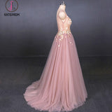 Kateprom Pink V Neck Sleeveless Tulle Prom Dress with Appliques, A Line Tulle Evening Dress KPP1092