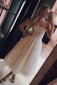 Kateprom Ivory Spaghetti Strap Tea Length Starry Tulle Homecoming Dress, Midi Prom Dresses KPP1099