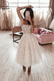 Kateprom Ivory Spaghetti Strap Tea Length Starry Tulle Homecoming Dress, Midi Prom Dresses KPP1099