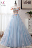 Kateprom Light Blue Off Shoulder Floor Length Tulle Prom Gown with Appliques, Puffy Long Evening Dress KPP1108