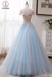 Kateprom Light Blue Off Shoulder Floor Length Tulle Prom Gown with Appliques, Puffy Long Evening Dress KPP1108