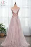 Kateprom Dusty Pink Spaghetti Straps Gorgeous Beading Prom Dress, A Line Split Tulle Evening Dresses KPP1109