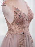 Kateprom Dusty Pink Spaghetti Straps Gorgeous Beading Prom Dress, A Line Split Tulle Evening Dresses KPP1109