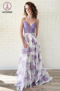 Kateprom Lavender Spaghetti Straps V Neck Floral Chiffon Prom Dress with Lace KPP1156