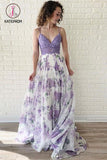 Kateprom Lavender Spaghetti Straps V Neck Floral Chiffon Prom Dress with Lace KPP1156