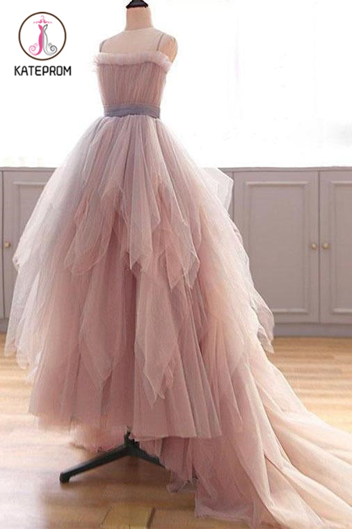 Kateprom Vintage A Line Spaghetti Straps Blush Prom Dresses, Puffy Ruffles Party Dresses KPP1157