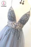 Kateprom Spaghetti Straps V Neck Tulle Prom Dress with Appliques, A Line Long Formal Dress with Beads KPP1160