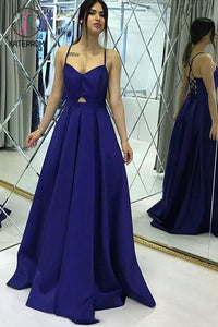 Kateprom Simple A Line Spaghetti Straps Satin Long Prom Dresses Criss Cross Back KPP1167