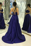 Kateprom Simple A Line Spaghetti Straps Satin Long Prom Dresses Criss Cross Back KPP1167