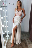 Kateprom Classic A Line Spaghetti Straps Split Prom Dresses Long with Lace Appliques KPP1168