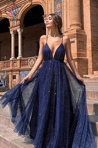 Kateprom Sexy A Line Spaghetti Straps Deep V Neck Sequins Backless Long Prom Dresses KPP1169