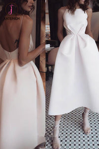 Kateprom White Unique Tea Length Satin Party Dress, Spaghetti Straps Backless Prom Dress KPP1180