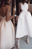 Kateprom White Unique Tea Length Satin Party Dress, Spaghetti Straps Backless Prom Dress KPP1180