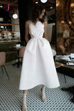 Kateprom White Unique Tea Length Satin Party Dress, Spaghetti Straps Backless Prom Dress KPP1180