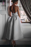 Kateprom White Unique Tea Length Satin Party Dress, Spaghetti Straps Backless Prom Dress KPP1180