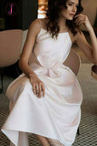 Kateprom White Unique Tea Length Satin Party Dress, Spaghetti Straps Backless Prom Dress KPP1180