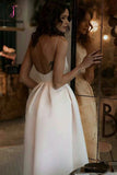 Kateprom White Unique Tea Length Satin Party Dress, Spaghetti Straps Backless Prom Dress KPP1180