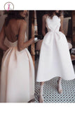 Kateprom White Unique Tea Length Satin Party Dress, Spaghetti Straps Backless Prom Dress KPP1180