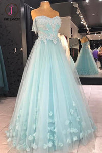 Kateprom Cheap A Line Strapless Floor Length Tulle Prom Dress with Flowers, Appliqued Formal Dress KPP1184