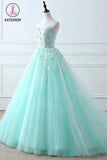 Kateprom Tiffany Blue Sweetheart Puffy Tulle Prom Dress with Lace Appliques, Long Graduation Dress KPP1188