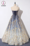 Kateprom A Line Blue Tulle Strapless Long Prom Dress, Floor Length Graduation Dresses KPP1190