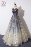 Kateprom A Line Blue Tulle Strapless Long Prom Dress, Floor Length Graduation Dresses KPP1190