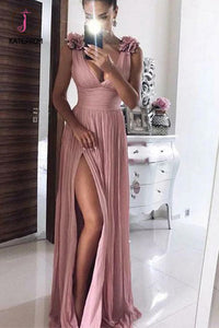 Kateprom Floor Length Split V Neck Sleeveless Prom Dress with Flowers, A Line Formal Dress KPP1195